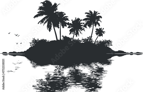 Silhouette of a tropical island with palm trees and birds reflected in calm ocean water.
