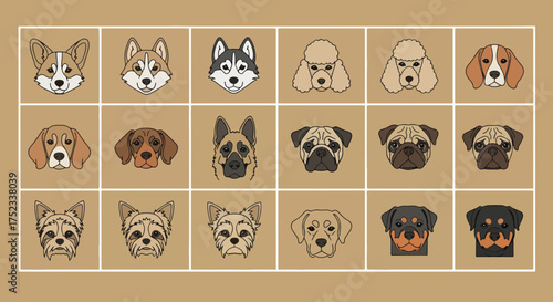 Cartoon dog heads of various breeds including corgi, poodle, husky, beagle and pug are neatly arranged in a grid format on a neutral tan background in a flat lay