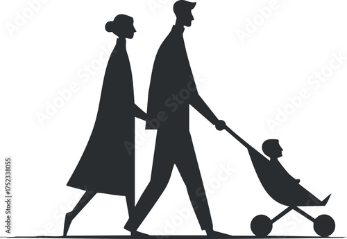 Silhouette of a family walking with a child in a stroller, in a minimalist style.