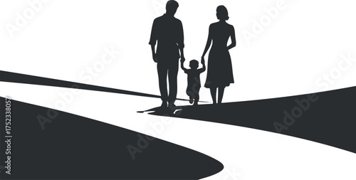 Silhouette of a family walking together on a path, symbolizing unity and togetherness.