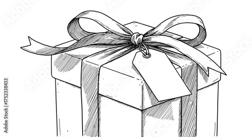 Gift box with ribbon and tag drawn in sketch style no background 