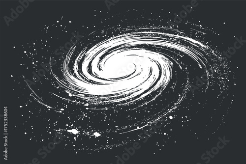 Abstract black and white illustration of a spiral galaxy with stars scattered around.