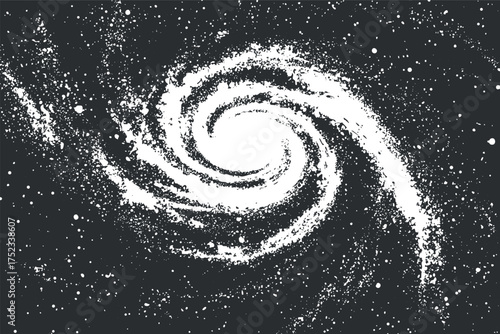 Abstract depiction of a spiral galaxy in black and white with swirling star patterns.