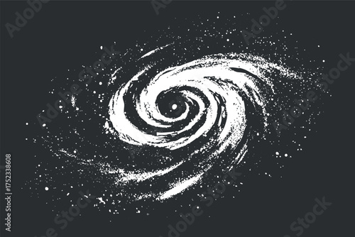 Abstract black and white illustration of a swirling galaxy with starry effects.