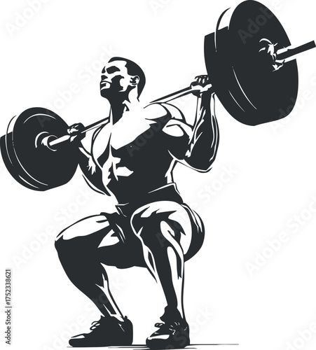 Silhouette of a muscular man performing a barbell squat, emphasizing strength and fitness.
