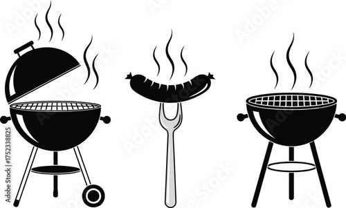 Barbecue grill and sausage cooking on a fork, ready for grilling.