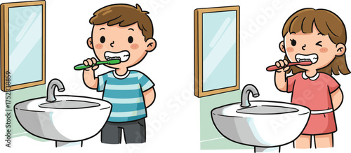 Children brushing teeth, daily hygiene routine, dental care habits, cartoon bathroom scene, morning ritual, healthy lifestyle, kids sink mirror illustration