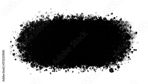Black grunge ink splash isolated on transparent background. Rough paint texture with splatter edges for background, banner, or overlay design. PNG
