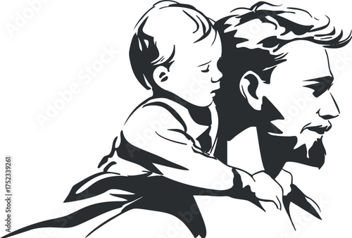 Silhouette illustration of a father carrying a child on his shoulders, depicting family bonding.