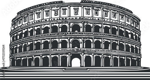 Black and white illustration of the Colosseum, an iconic ancient Roman amphitheater in Rome, Italy.