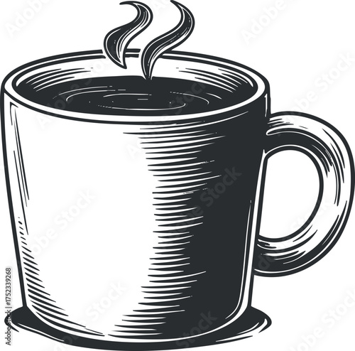 Black and white sketch of a steaming coffee mug with vintage art style.