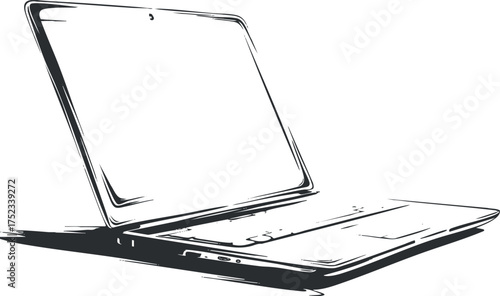 Minimalist black and white sketch of an open laptop showcasing modern digital technology.