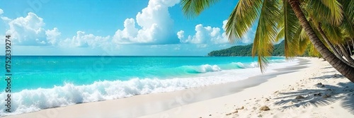 Turquoise Ocean Waves Crashing on a White Sandy Beach, Palm Trees Swaying Gently in the Warm Breeze Perfect Relaxation and Escape