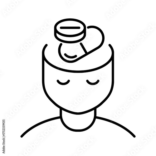 Head with pills inside line icon. Pharmaceutical treatments. Addiction to substances concept. Prescription drugs use. Antidepressants and sedatives intake. Modern health medication practices. Vector 