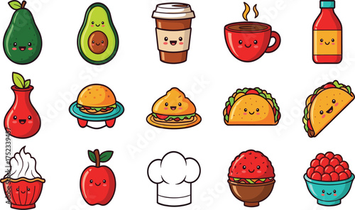 Cute Kawaii Food, Drink, and Chef Hat Icon Set Vector Illustration