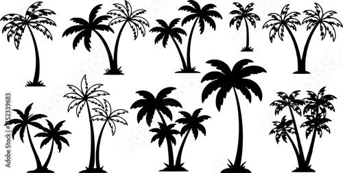 Vector graphic with a set of stylized palm trees, perfect for a tropical, beach, or vacation-themed design.
