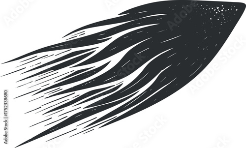 Illustration of a black and white comet with a trailing streak, representing cosmic motion.
