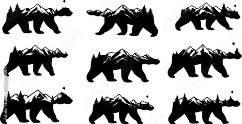 Bear silhouette filled with a detailed mountain landscape, trees, and a sun. Perfect for nature, wildlife, or hiking-themed t-shirt designs, stickers, and other uses.