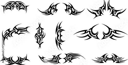 Set of 9 Neo Y2K tribal tattoo vector designs with symmetrical black shapes. Perfect for edgy fashion, t-shirt graphics, decals, and modern body art aesthetics.