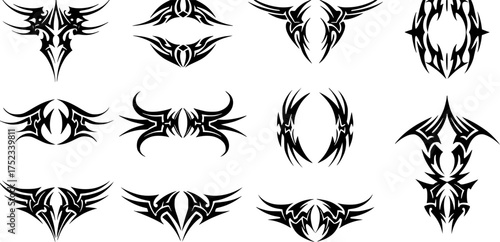 Set of 9 Neo Y2K tribal tattoo vector designs with symmetrical black shapes. Perfect for edgy fashion, t-shirt graphics, decals, and modern body art aesthetics.