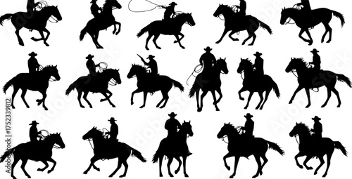 Silhouette vector set of cowboys and horses in western poses. Perfect for rodeo posters, t-shirts, vintage western designs, and country style branding.