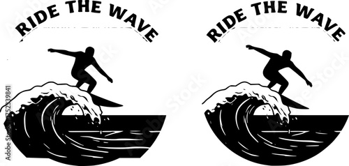 Retro surf vector graphic. Surfer silhouette riding a wave with a stylized sunset and "Ride the Wave" text.

