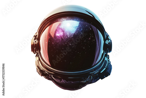 Isolated astronaut helmet reflecting a vibrant nebula and starry space scene