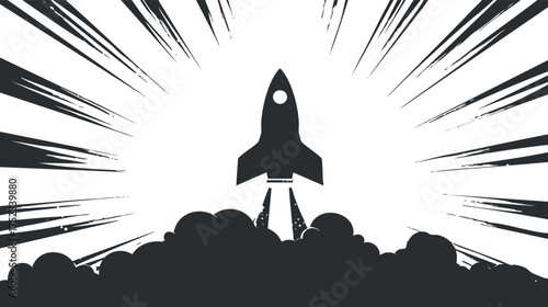 Silhouette of a rocket launching into space with dynamic black and white design elements.