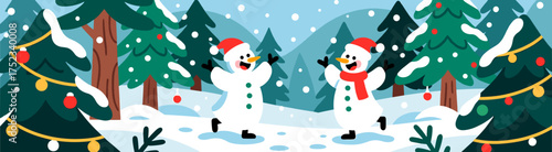 Snowmen playing in snow-covered forest during winter season  