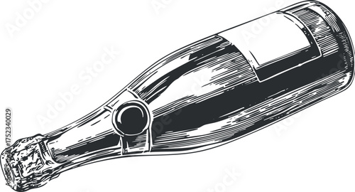 Black and white sketch of a champagne bottle with a blank label and cork stopper.