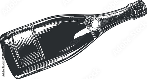 Vintage black and white illustration of a champagne bottle, perfect for celebrations and parties.