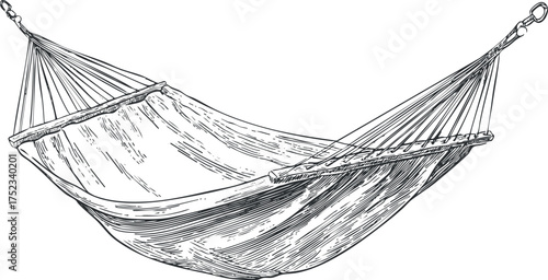 Detailed black and white sketch of a hammock showcasing intricate line work and design.