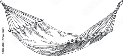 Black and white sketch illustration of a hammock, showcasing intricate line art and design details.