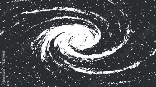 Abstract black and white rendition of a spiral galaxy with stars in the universe.