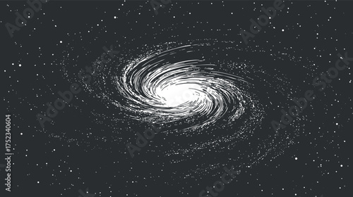 Black and white illustration of a spiral galaxy with stars in the universe.