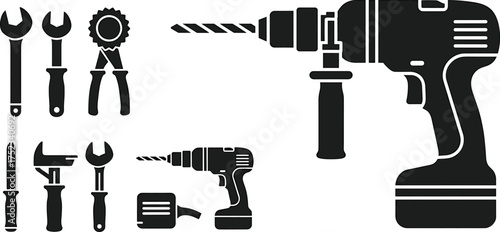 Assortment of Black Silhouette Power Tools and Hand Wrenches drill cordless drill