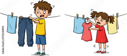 Children hanging laundry, cartoon household chore, teamwork illustration, clothesline activity, playful domestic moment, colorful clothing, outdoor task, clean routine