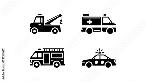 Icon set of emergency service vehicles including tow truck, ambulance, fire truck, and police car.