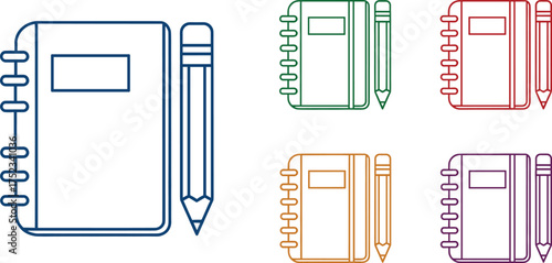 Colorful Outline Notebooks and Pencils in Various Colors on White Background notepad stationery