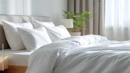 a bed with white sheets and pillows in a bedroom