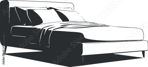 Black and white illustration of a minimalist bed with pillows and a headboard in modern style.