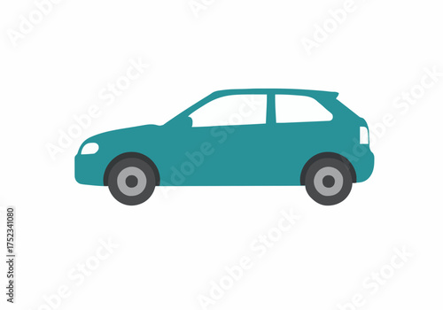 Sleek teal hatchback automobile driving forward, symbolizing modern personal transportation and efficient travel for urban commutes and road trips.