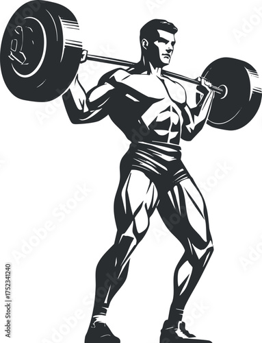 Monochrome illustration of a muscular man lifting a barbell, symbolizing strength and fitness.