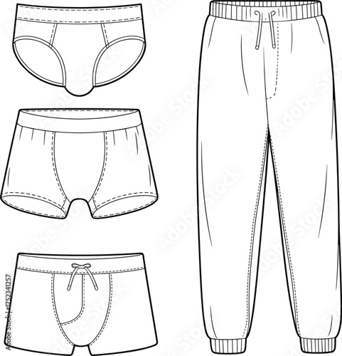 Men’s underwear and sweatpants technical sketch, cad drawing, flat vector template, fashion illustration, clothing design, apparel blueprint, editable outline