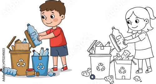 Children recycling plastic and paper, cartoon environmental responsibility scene, colored and black-and-white versions, sorting bins, playful eco-friendly activity