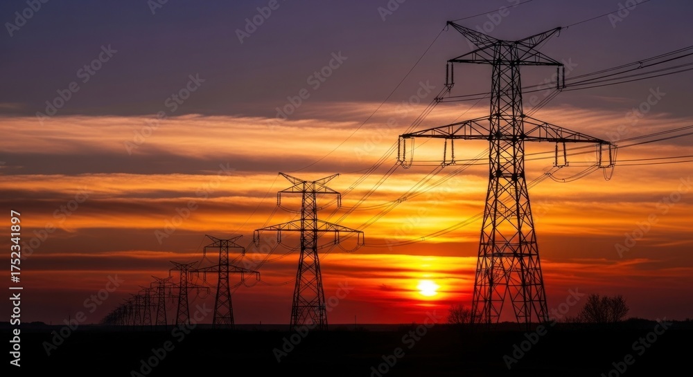 Fototapeta premium Dramatic sunset silhouettes power lines against a vibrant, colorful sky.