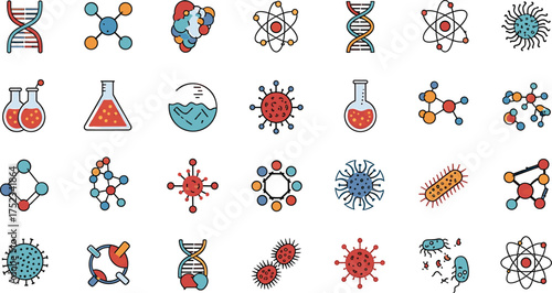 Scientific icons including DNA, molecules, viruses, and lab equipment Keywords: science, research, biology, chemistry, medicine, health, DNA, molecule, atom, virus, bacteria, cell, laboratory
