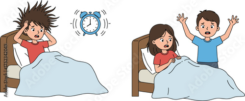 Children waking up in bed, cartoon morning routine scene, alarm clock surprise, emotional contrast illustration, playful sleep behavior concept