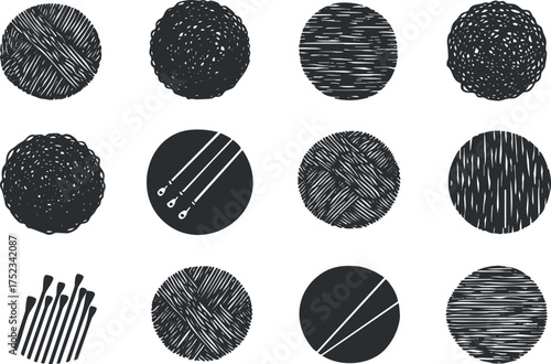 Monochrome illustration of knitting patterns with yarn balls and needles for craft enthusiasts.