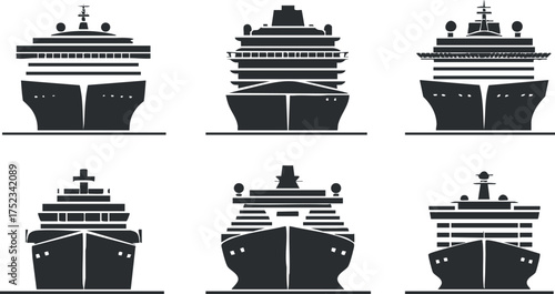 Collection of ship silhouettes depicting various cruise liners from a front view in black and white.